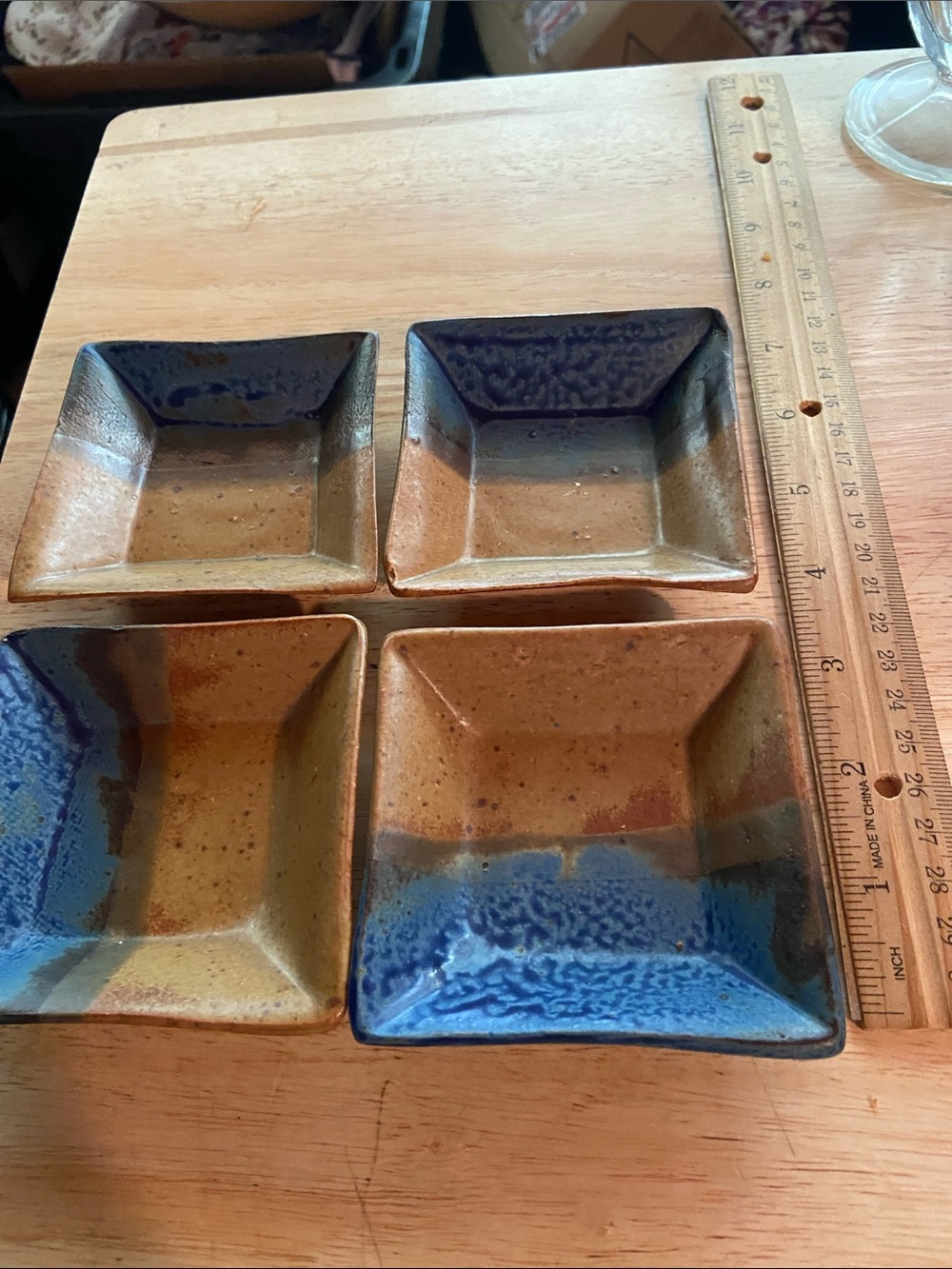 Handcrafted Square Ceramic Dipping Bowls in Blue and Brown - Set of 4